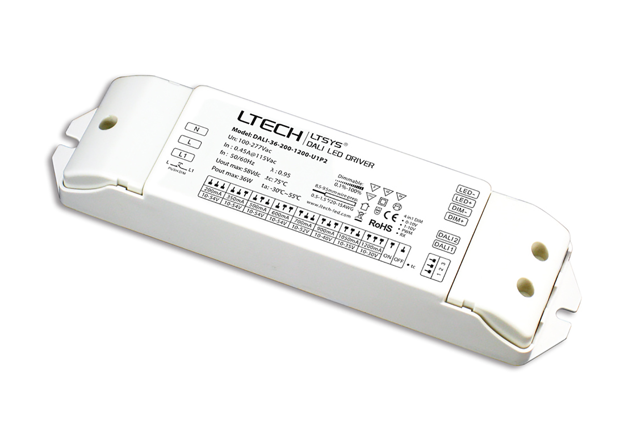 DALI-36-200-1200-U1P2  DALI 0/1-10V PWM Push Dim 2-36W Current Dimmable Driver DC:10-54V
